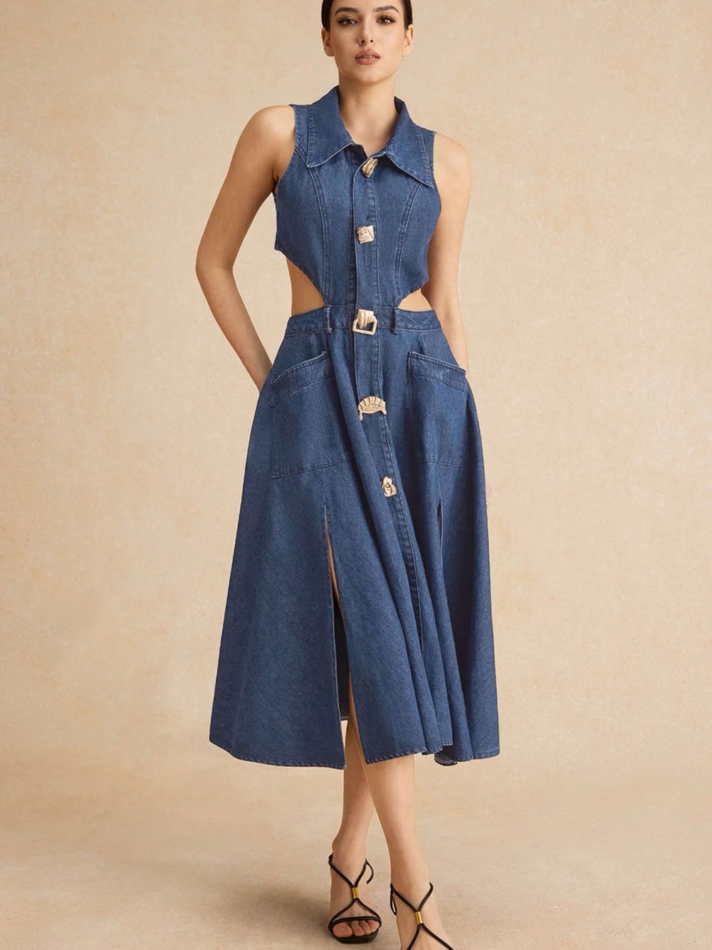 Sleeveless Cutout Denim Midi Dress in Indigo